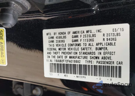 2015 Acura Tlx V6 Advance из США, поврежденный, VIN 19UUB2F72FA019682